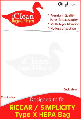 Riccar - Simplicity Vacuum Cleaner Type X HEPA Bags by iClean Vacuums