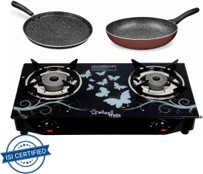 Sigri-wala Dosa tawa & Fry pan Combo Delux Glass Manual Gas Stove (2 Burners)