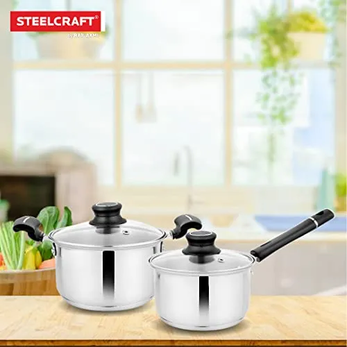 Steelcraft Premium Stainless Steel Gas Stove and Induction Friendly Accord Cookware Set /1 Pc Sauce Pan16 cm(1200ml) / 1 Pc Casserole 14 cm(850ml) with Glass lid, Silver, Set of 2