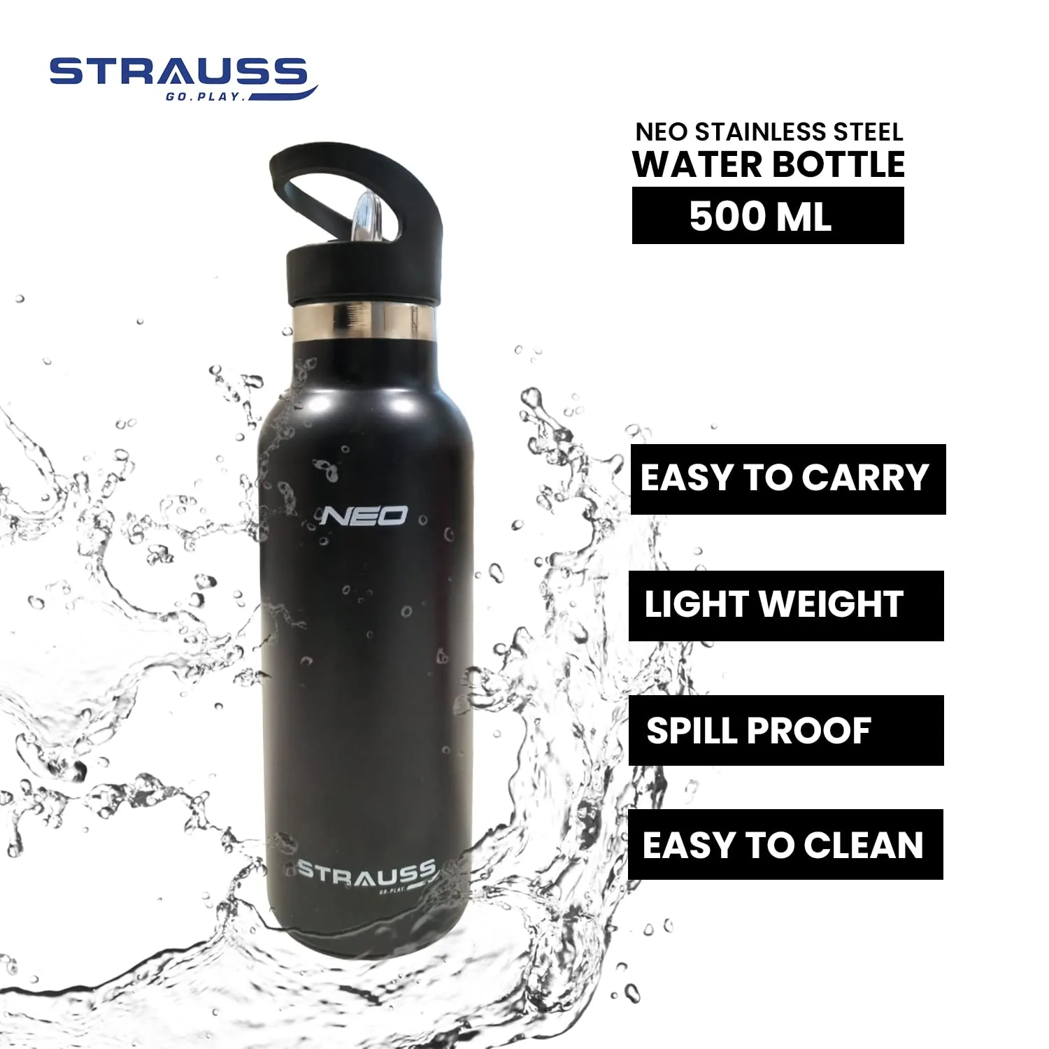 STRAUSS Stainless Steel Water Bottle | Leak Proof, BPA Free, Vacuum Insulated Flask Water Bottle | Ideal for School, Office, Home, Gym | Eco-Friendly, Durable, Sweat-Proof Design | 500ml,(Black)