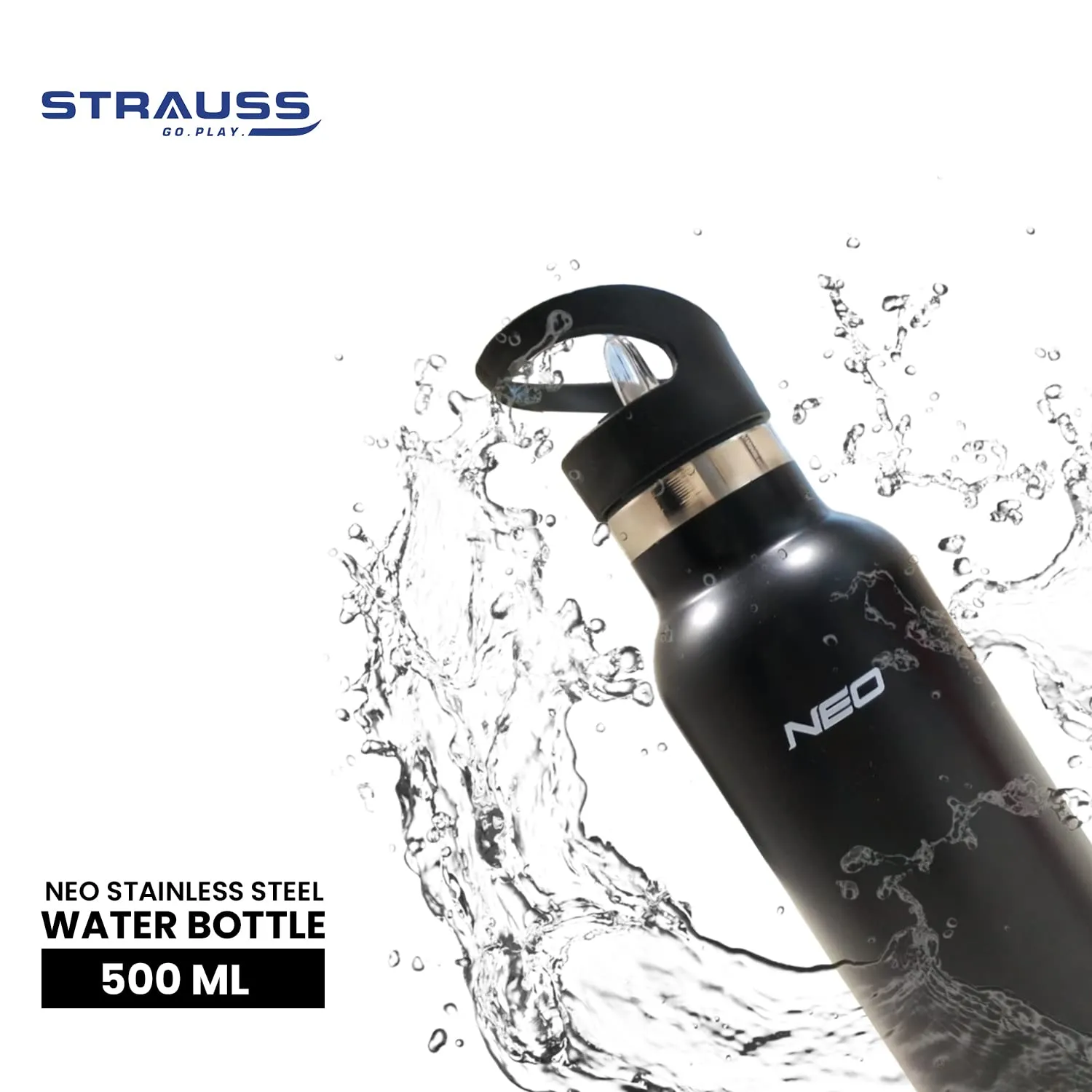 STRAUSS Stainless Steel Water Bottle | Leak Proof, BPA Free, Vacuum Insulated Flask Water Bottle | Ideal for School, Office, Home, Gym | Eco-Friendly, Durable, Sweat-Proof Design | 500ml,(Black)