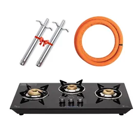 Surya Flame Apollo Round Hob Top 3 Burners Manual Glass Stove | LPG Gas Dual Layer Rubber Hose Pipe 1.5M | Chrome Stainless Steel Gas Lighter (Pack of 2)