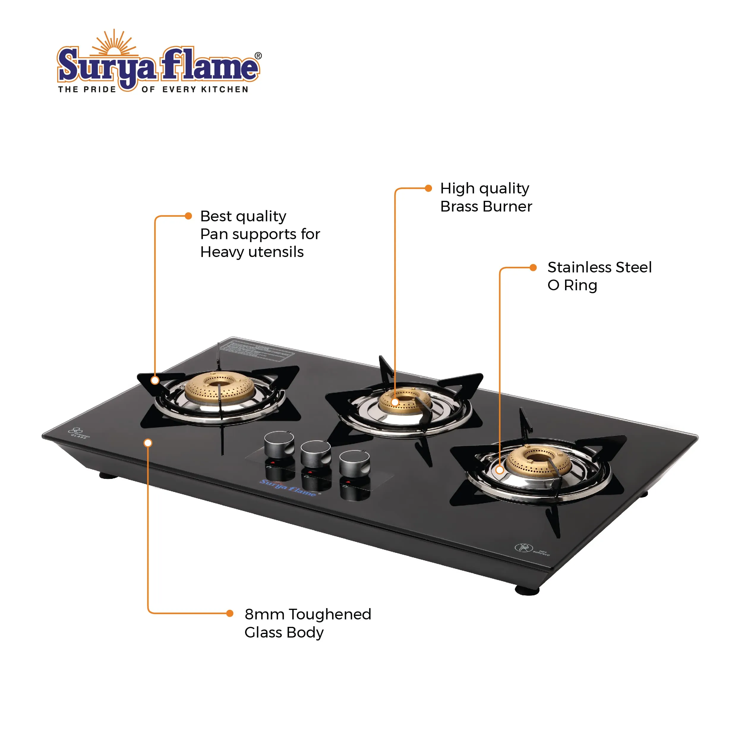 Surya Flame Apollo Round Hob Top 3 Burners Manual Glass Stove | LPG Gas Dual Layer Rubber Hose Pipe 1.5M | Chrome Stainless Steel Gas Lighter (Pack of 2)