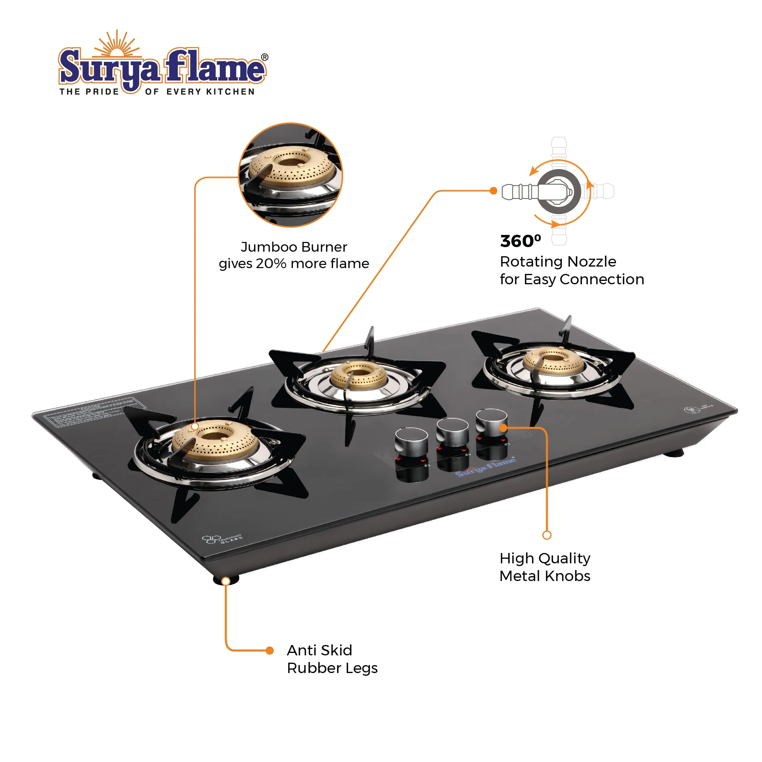 Surya Flame Apollo Round Hob Top 3 Burners Manual Glass Stove | LPG Gas Dual Layer Rubber Hose Pipe 1.5M | Chrome Stainless Steel Gas Lighter (Pack of 2)