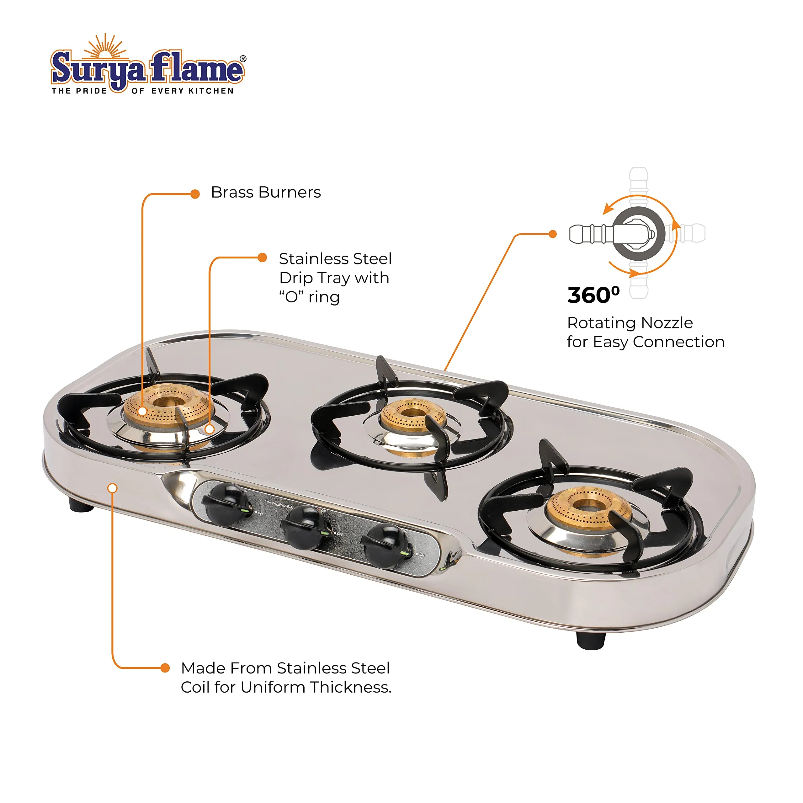 Surya Flame Costa Gas Stove 3 Burners Manual LPG Stove | LPG Gas Dual Layer Rubber Hose Pipe 1.5M | Chrome Stainless Steel Gas Lighter (Pack of 2)