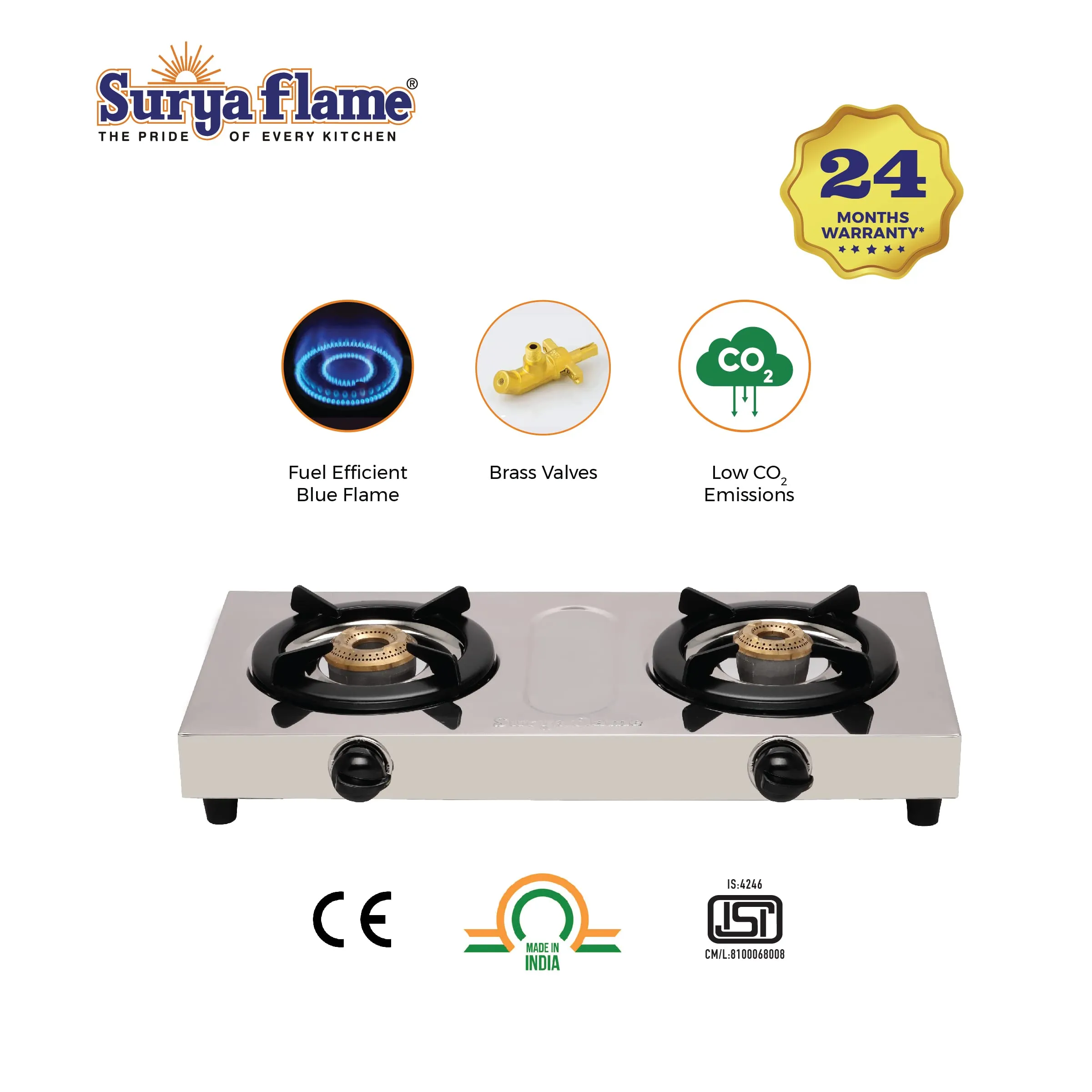 Surya Flame Double Cook Gas Stove 2 Burners | Stainless Steel Body | Manual LPG Stove With Sleek Design Body | Anti Skid Rubber Legs - 2 Years Complete Doorstep Warranty (2)