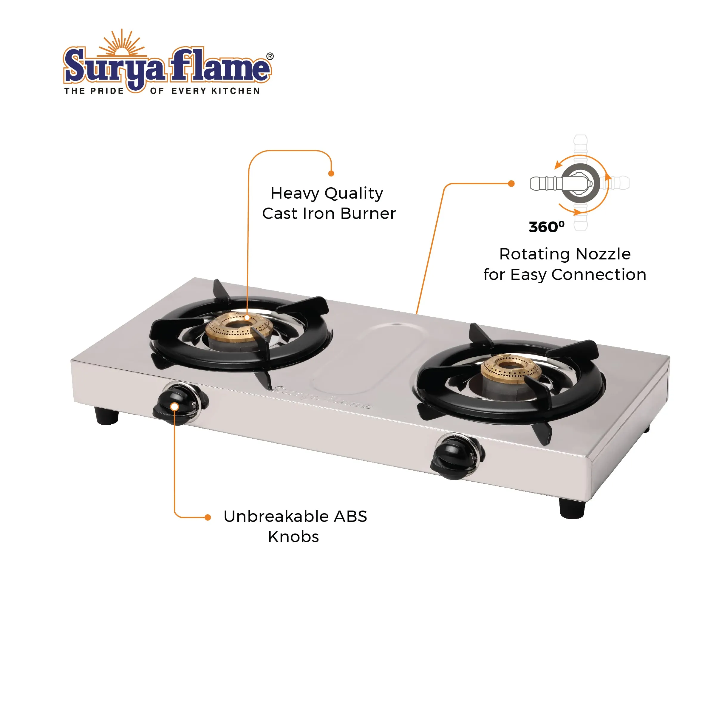 Surya Flame Double Cook Gas Stove 2 Burners | Stainless Steel Body | Manual LPG Stove With Sleek Design Body | Anti Skid Rubber Legs - 2 Years Complete Doorstep Warranty (2)