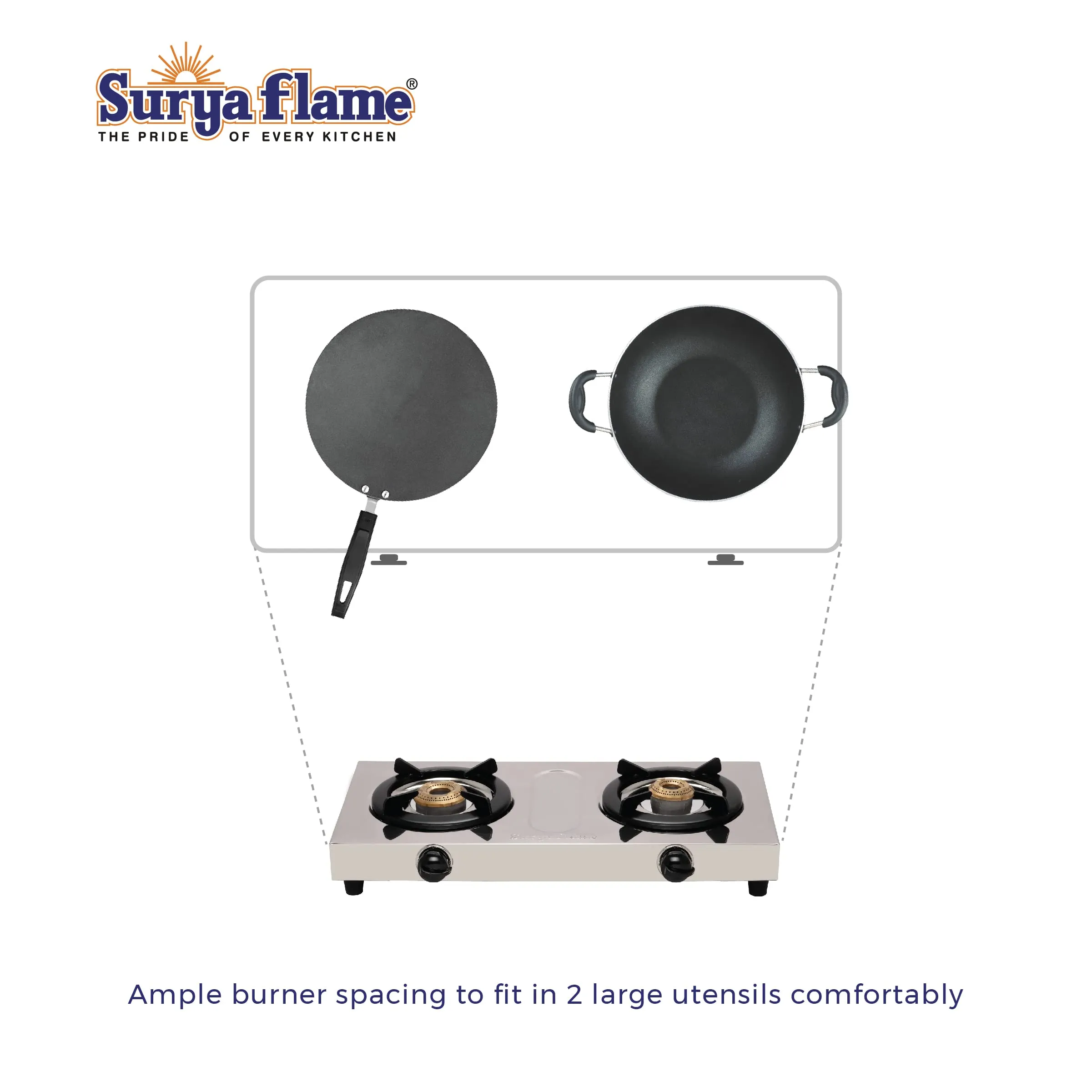 Surya Flame Double Cook Gas Stove 2 Burners | Stainless Steel Body | Manual LPG Stove With Sleek Design Body | Anti Skid Rubber Legs - 2 Years Complete Doorstep Warranty (2)