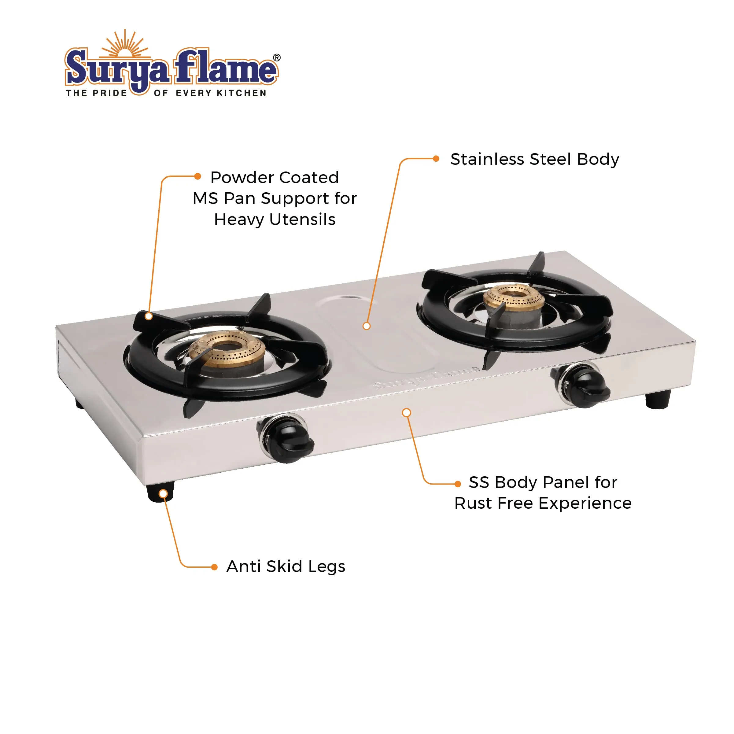 Surya Flame Double Cook Gas Stove 2 Burners | Stainless Steel Body | Manual LPG Stove With Sleek Design Body | Anti Skid Rubber Legs - 2 Years Complete Doorstep Warranty (2)