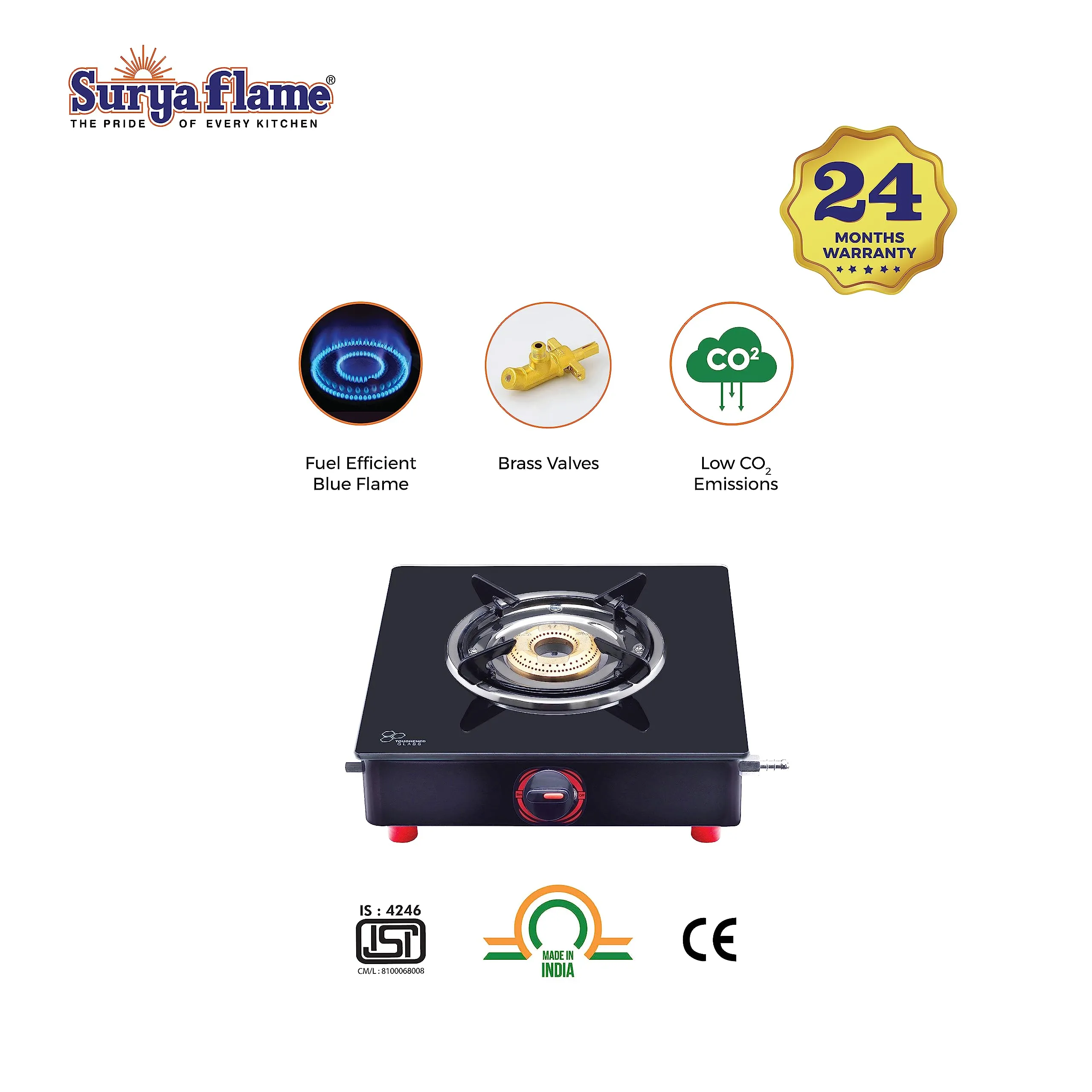 Surya Flame Smart Gas Stove 1 Barss Burner Glass Top chulha Black Manual Ignition LPG Stove With ISI Certified Rust Free Body - 2 Years Complete Doorstep Warranty Including Glass