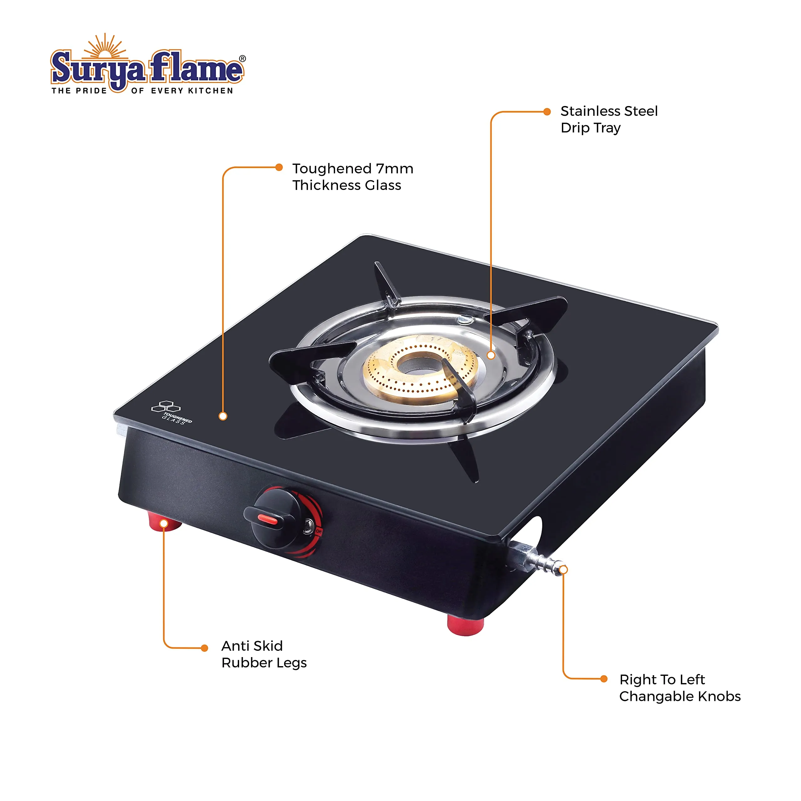 Surya Flame Smart Gas Stove 1 Barss Burner Glass Top chulha Black Manual Ignition LPG Stove With ISI Certified Rust Free Body - 2 Years Complete Doorstep Warranty Including Glass