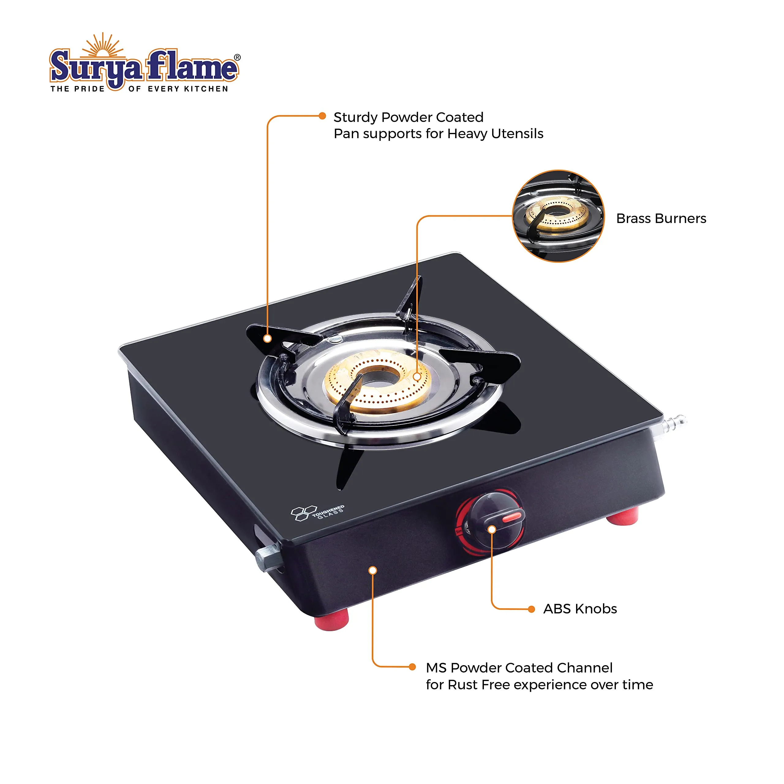 Surya Flame Smart Gas Stove 1 Barss Burner Glass Top chulha Black Manual Ignition LPG Stove With ISI Certified Rust Free Body - 2 Years Complete Doorstep Warranty Including Glass