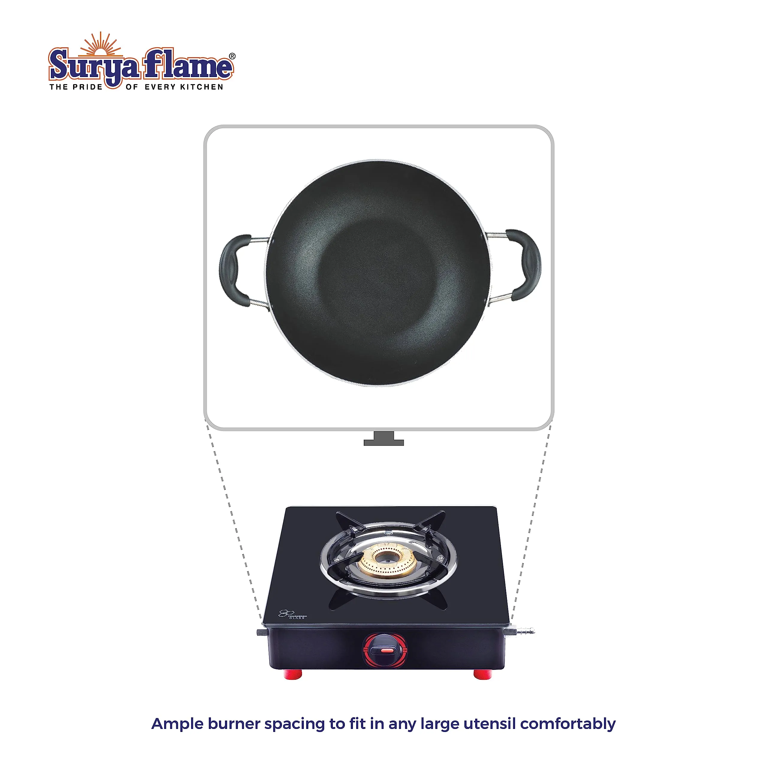 Surya Flame Smart Gas Stove 1 Barss Burner Glass Top chulha Black Manual Ignition LPG Stove With ISI Certified Rust Free Body - 2 Years Complete Doorstep Warranty Including Glass