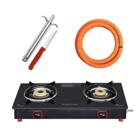 Surya Flame Smart Gas Stove 2 Burners Glass Top LPG Stove | LPG Gas Dual Layer Rubber Hose Pipe 1.5M | Premier Stainless Steel Gas Lighter with Knife