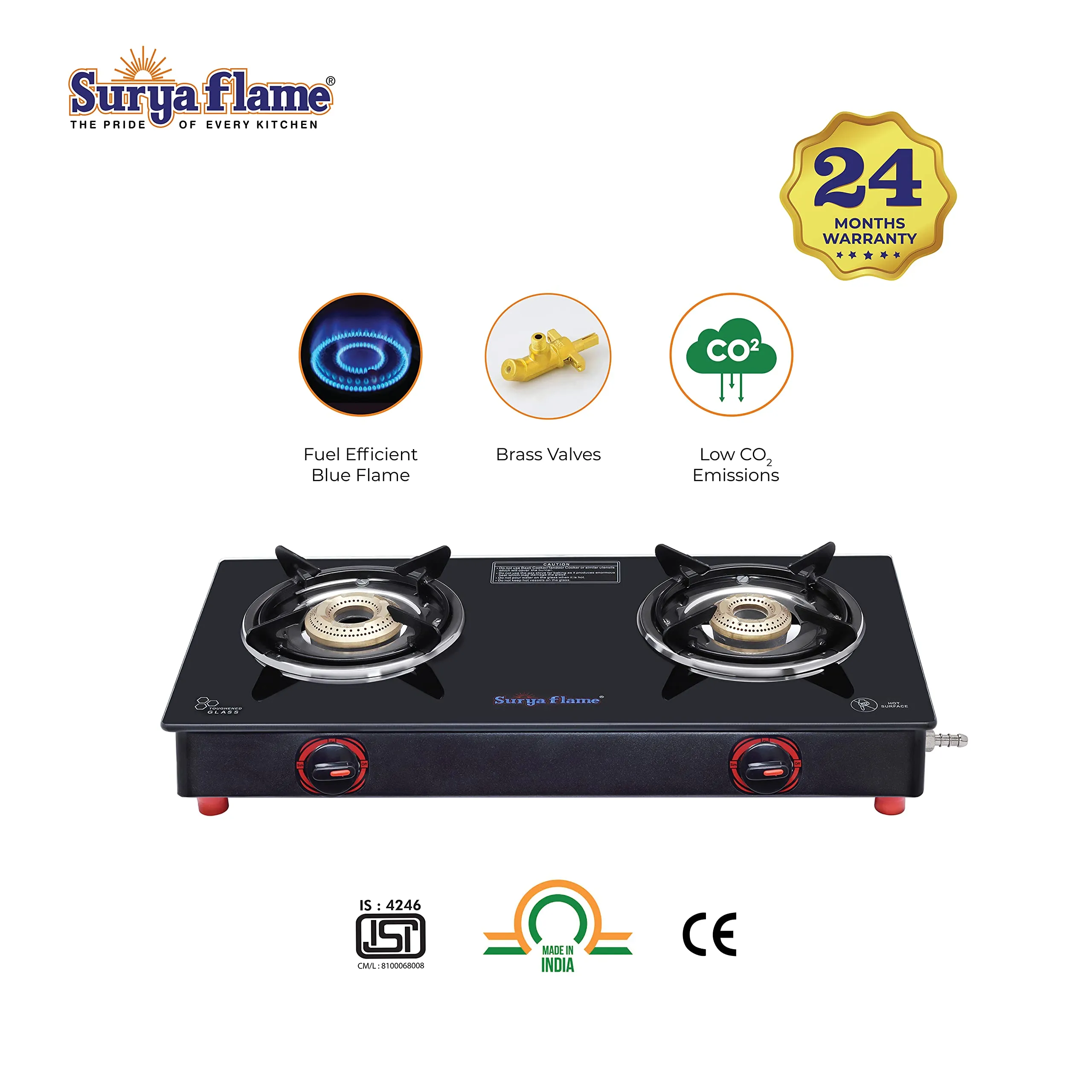 Surya Flame Smart Gas Stove 2 Burners Glass Top LPG Stove | LPG Gas Dual Layer Rubber Hose Pipe 1.5M | Premier Stainless Steel Gas Lighter with Knife