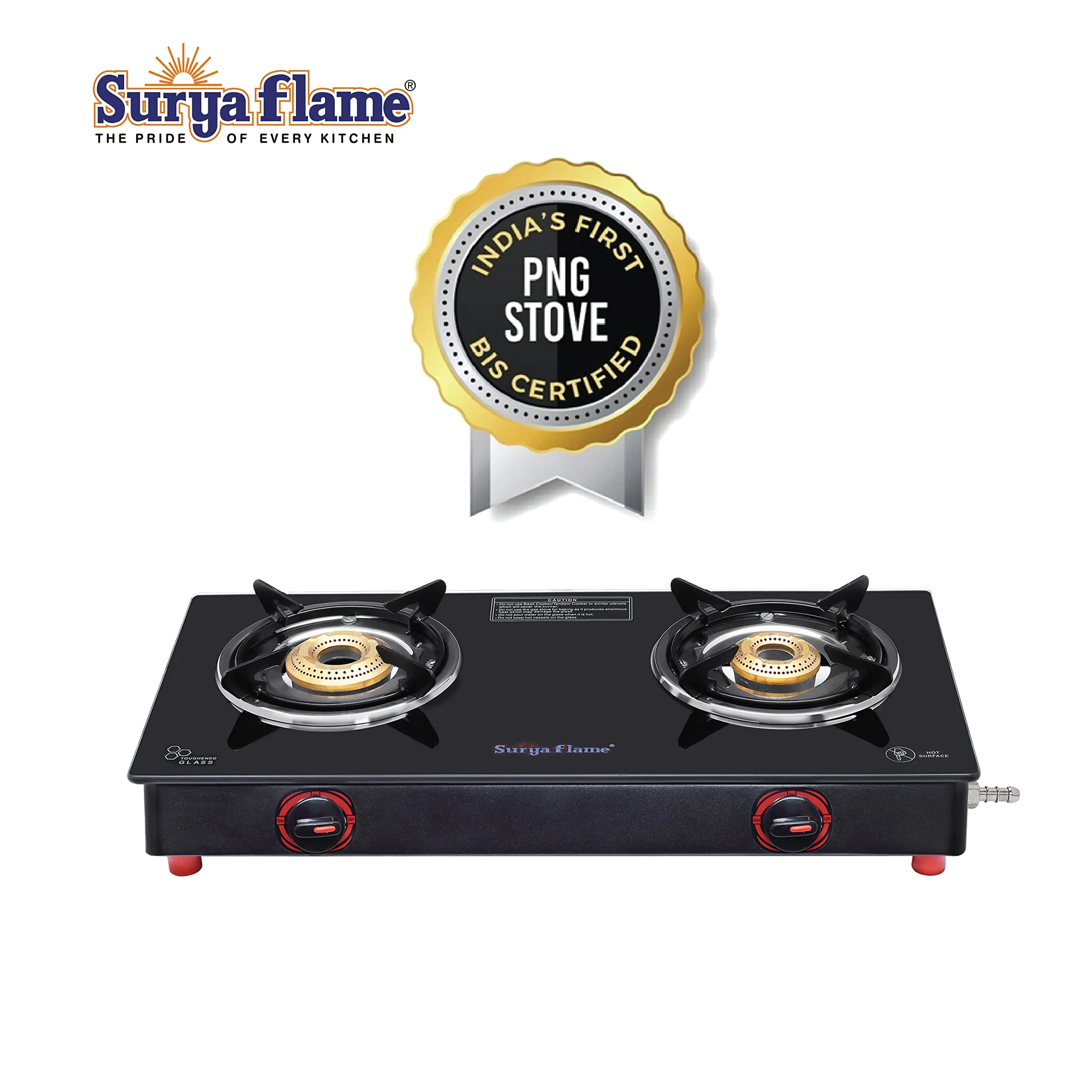 Surya Flame Smart Gas Stove 2 Burners Glass Top LPG Stove | LPG Gas Dual Layer Rubber Hose Pipe 1.5M | Premier Stainless Steel Gas Lighter with Knife