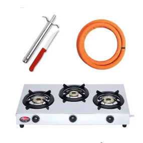 Surya Flame Triple Cook Gas Stove 3 Burners Manual LPG Gas Stove | LPG Gas Dual Layer Rubber Hose Pipe 1.5M | Premier Stainless Steel Gas Lighter with Knife