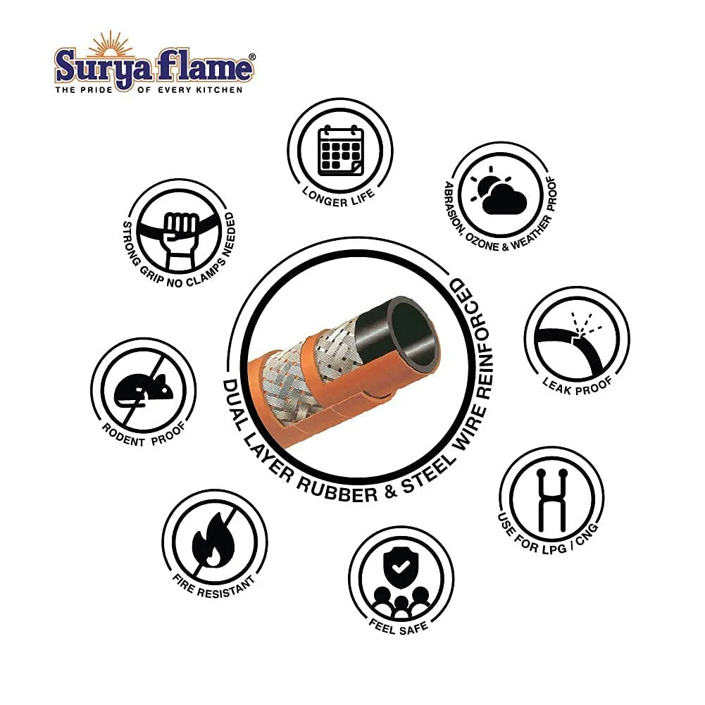 Surya Flame Triple Cook Gas Stove 3 Burners Manual LPG Gas Stove | LPG Gas Dual Layer Rubber Hose Pipe 1.5M | Premier Stainless Steel Gas Lighter with Knife