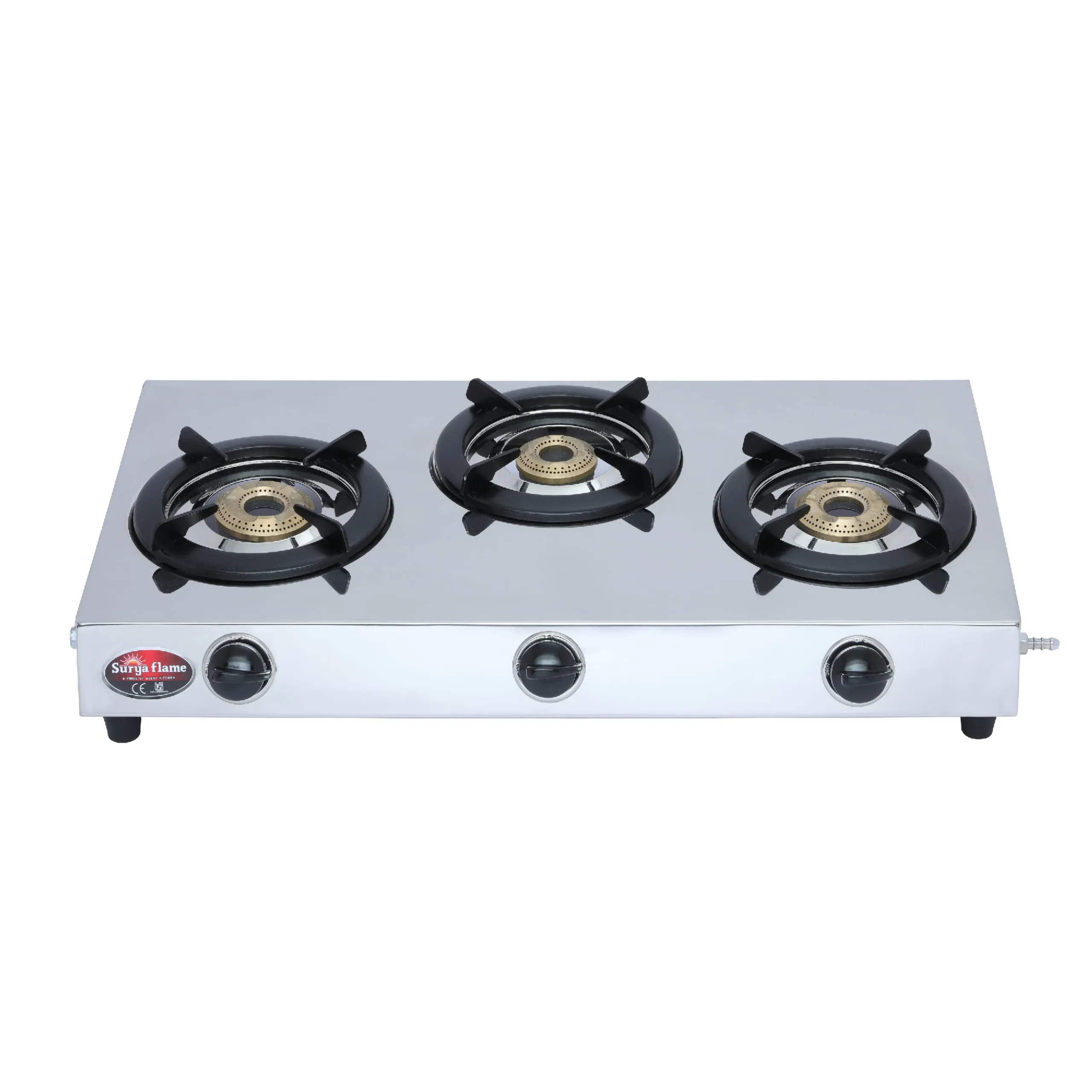 Surya Flame Triple Cook Gas Stove 3 Burners Manual LPG Gas Stove | LPG Gas Dual Layer Rubber Hose Pipe 1.5M | Premier Stainless Steel Gas Lighter with Knife