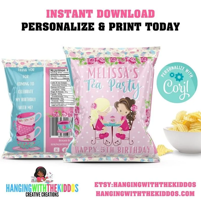 Tea Party Favors Goodie Bags Chip Bags| Tea Party Decorations| Personalize & Print Today