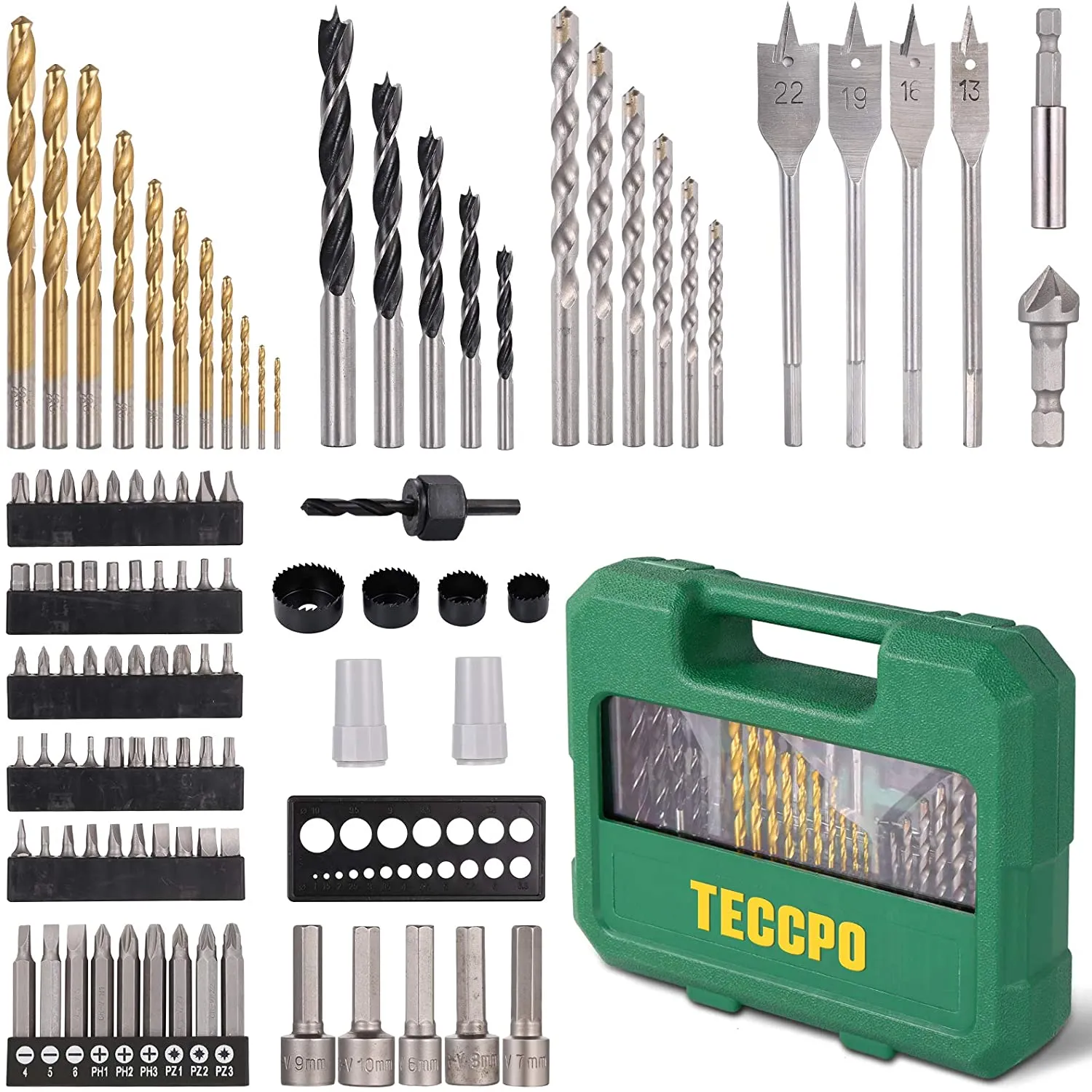 TECCPO Drill Bit Set, 100/125Pcs Drill and Driver Bits Sets, 1/16"-1/4" Titanium Aluminum Alloy Different Kinds of Accessories for Wood, Metal, Masonry, Screw Driving with Storage Case - MTH400