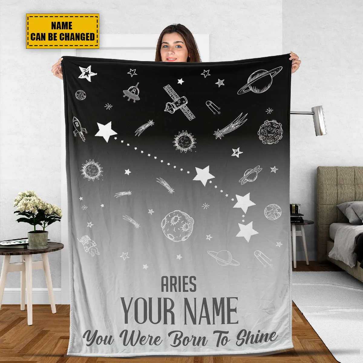 Teesdily | Aries Customized Fleece Blanket Constellation Blanket You Were Born To Shine Fleece Personalized Name Zodiac Blankets Astrology Gifts