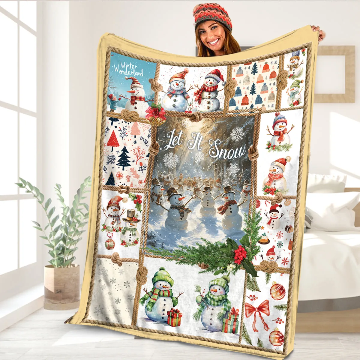 Teesdily | Snowman Christmas Throw Blanket, Let It Snow Blanket Snowman, Winter Wonderland Snowman Throw Blanket, Christmas Blanket, Xmas Gift