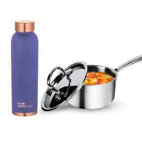 The Better Home 100% Pure Copper Water Bottle 1 Litre, Teal & Savya Home Triply Stainless Steel Saucepan with Lid, 18cm, 2.2 litres (Stove & Induction Cookware) (Purple)