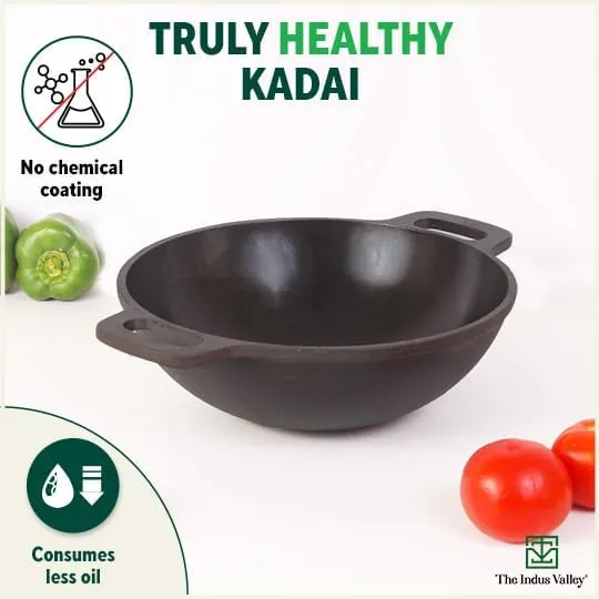 The Indus Valley Pre-Seasoned Cast Iron Cookware Set  Free Tadka Pan | Tawa (30.5 cm)  Kadai (25.4 cm/2.3L)  Fry Pan (23 cm/1.4L) | Kitchen Cooking Combo Pots and Pans Set of 4Pcs | Naturally Nonstick