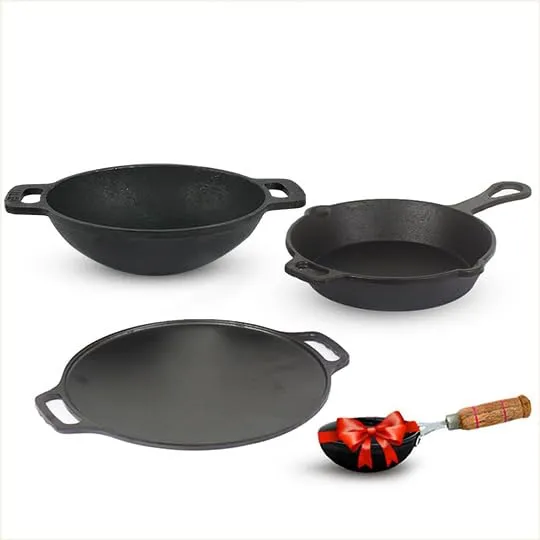 The Indus Valley Pre-Seasoned Cast Iron Cookware Set  Free Tadka Pan | Tawa (30.5 cm)  Kadai (25.4 cm/2.3L)  Fry Pan (23 cm/1.4L) | Kitchen Cooking Combo Pots and Pans Set of 4Pcs | Naturally Nonstick