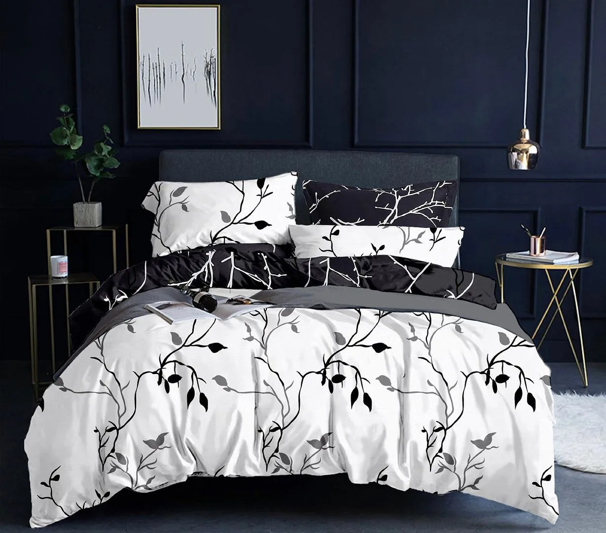 Tree Reversible Super King Size Bed Quilt/Duvet Cover Set Black