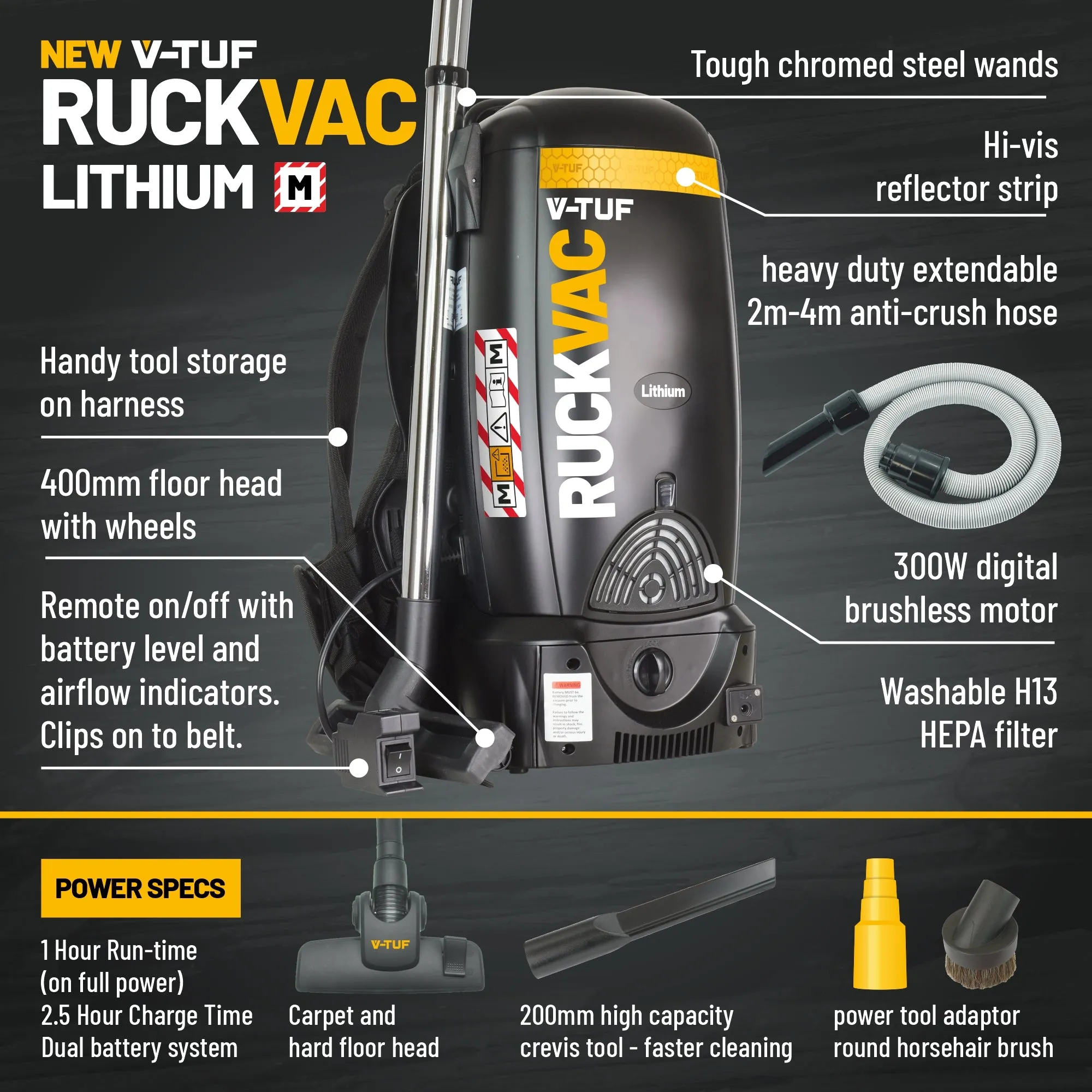 V-TUF RUCKVAC-ION-KIT4 Cordless M Class Backpack Vacuum Cleaner - 2 Batterys