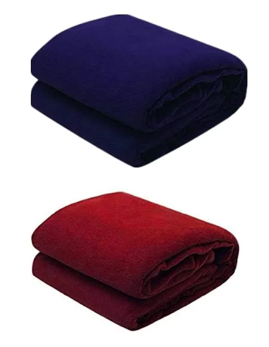 Wavva Plain Fleece 2 Single Bed Blankets-Maroon,Blue (Set of 2), reversible